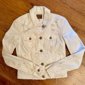 American Eagle White Distressed Jean Jacket